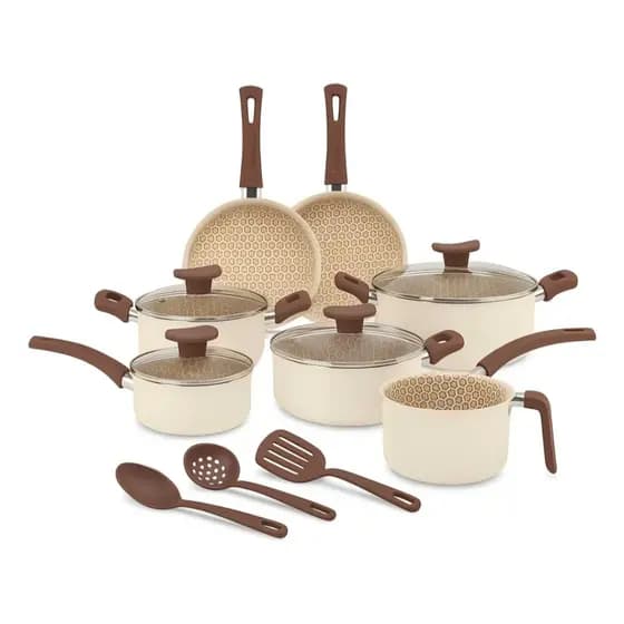 Jogo De Panelas 10 Peças Antiaderente Teflon Ivory Linha Familiar Para Cozinha Completa, Ideal Para Fritura, Arroz, Vapo