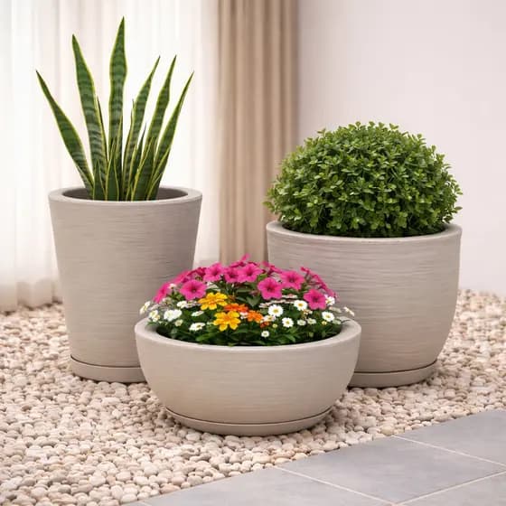 Kit 3 Vasos decorativo coluna Bojo Bacia Escovada Para Plantas Jardim Casa com prato coletor