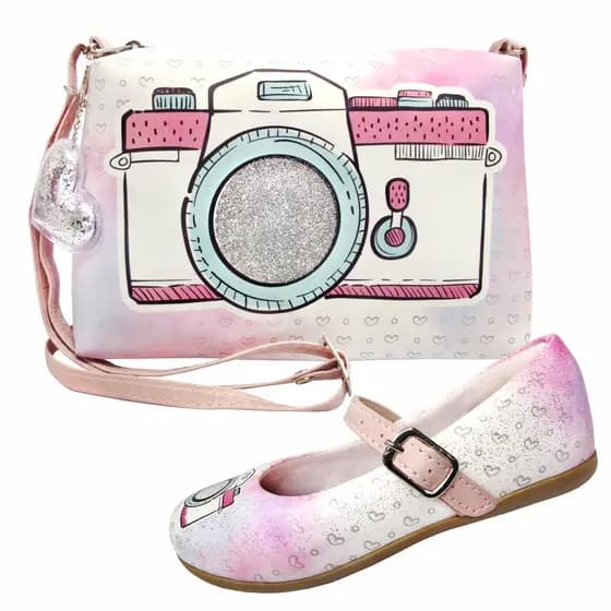 Kit Infantil Feminino Sapatilha Infantil e Bolsa Infantil Máquina Fotográfica, Magicc Kids (1215)