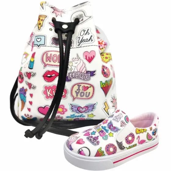 Kit Infantil Bolsa Infantil e Tênis Infantil Feminino Casual Stickers, Tenis Infantil Menina Magicc Kids (MGTB-009-078)