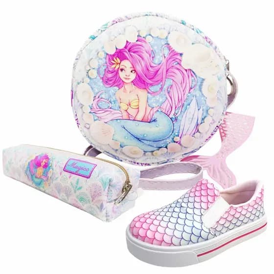 Kit Infantil Feminino Bolsa Infantil, Tênis Infantil Feminino Casual e Estojo Sereia e Conchas, Tenis Infantil Menina Magicc Kids (008-073)