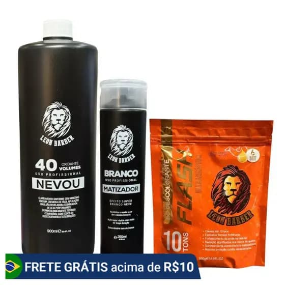 1 Pó Descolorante Flash + 1 Matizador Branco 250ml + 1 Água Oxigenada 40 Vol 900ml – Leon Barber