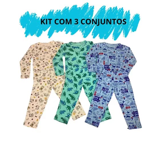 Kit 03 Pijama Manga Longa Masculino Infantil Menino 02 Ao 16 100% Algodão Para Dormir Conforto