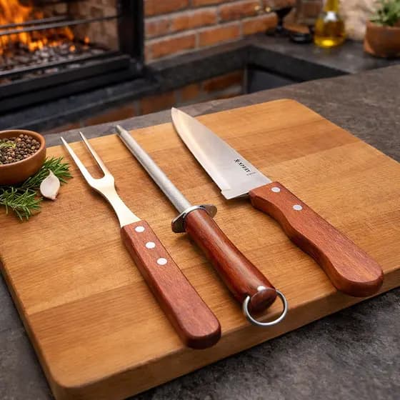 Kit Churrasco 3 Pecas Aco Inox Cabo Madeira Utensilios Duraveis Completo