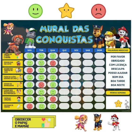 Mural das Conquistas Rotina Diaria Infantil Tema Patrulha Canina Personagens 22x30cm