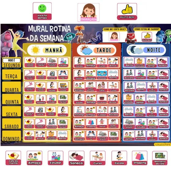 Quadro de Rotina Infantil Semanal Organização, Incentivo e Educação Tema Divertidamente