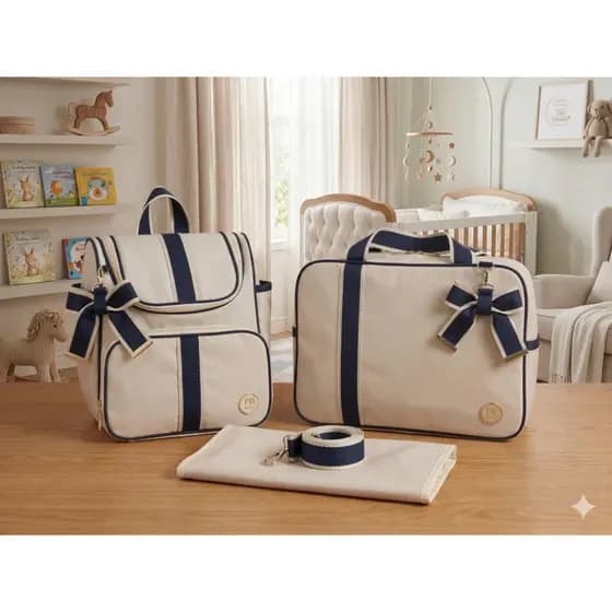 Kit Bolsa Maternidade Luxo 3 Peças com Laço e trocador Elegante e Funcional