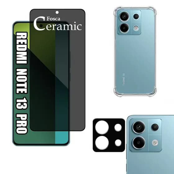 KIT Para Xiaomi Redmi Note 13 Pro 5g | Película Privacidade Fosca 9D - Capa Anti Impacto - Película da Câmera 3D