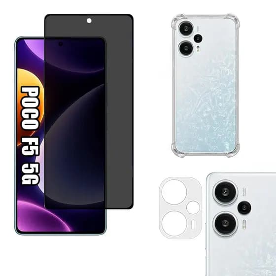 KIT Para Xiaomi Poco F5 5G | Película de Privacidade 3D - Capa Anti Shock - Película da Câmera 3D