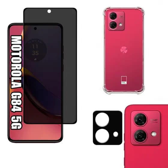 KIT Para Motorola Moto G84 5G | Película de Privacidade 3D - Capa Capinha Anti Impacto - Película da Câmera 3D