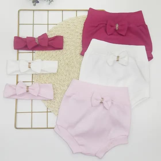 Kit Bebê Menina Verão Calcinha Algodão Tapa Fralda e Faixa de Cabelo 6 peças