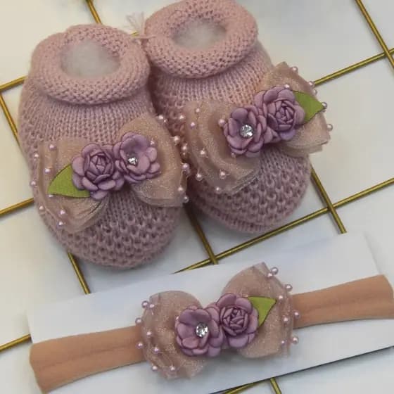 Sapatinho Botinha de Tricô Bebê Menina Cano Alto e Faixa de Cabelo Amore