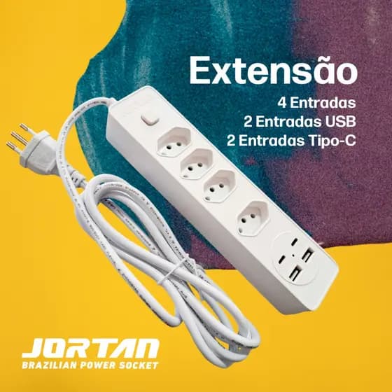 Filtro de Linha Extensão 2m C/ 4 Tomadas E Entradas Usb e Type C Régua Elétrica Cabo