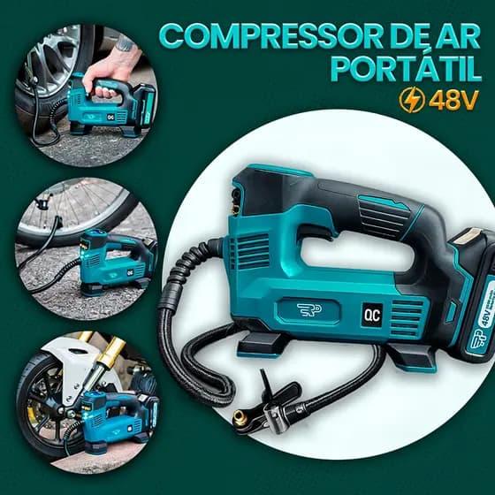Compressor de Ar Bomba Elétrica Portátil Sem Fio 48V Calibrador Regulador Digital 120 PSI 2 Baterias