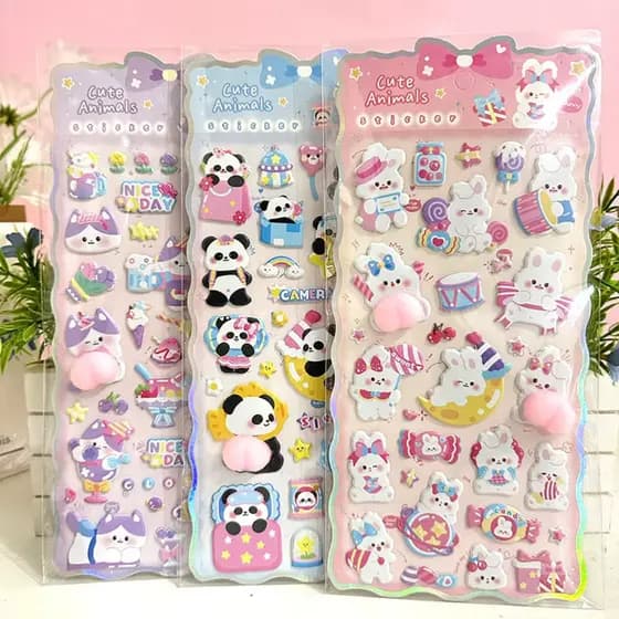 Adesivo 3D Squishy Bumbum Antistress Cartela Kawaii Fofinho Coelho Gatinho Panda Papelaria Fofa