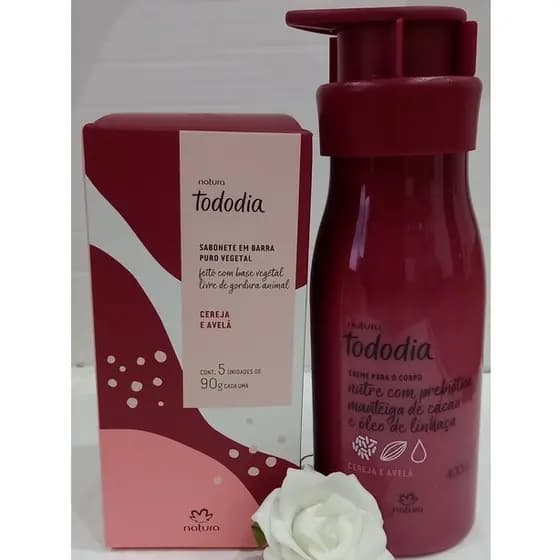 NAtura Kit Presente Creme Hidratante Cereja e avela de 400ml com caixa c 5 sabonetes Natura 90 g