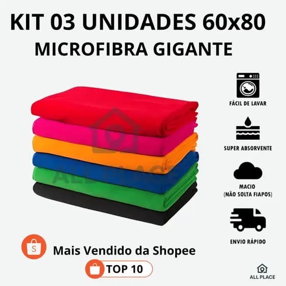 03 Un Pano De Chao Microfibra Gigante 60x80 Multiuso Limpeza Prato Carro Atoalhado Absorvente Toalha
