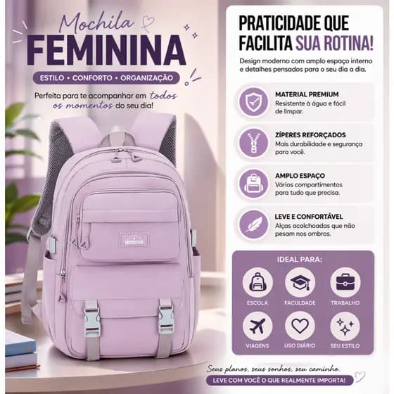 Mochila Bolsa Media Impermeavel Feminina Escolar-Trabalho-Viagem 6017
