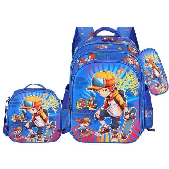 Kit 3 Em 1 Mochila Infantil 3D PU Escolar Saco Conjunto Menino Bonito