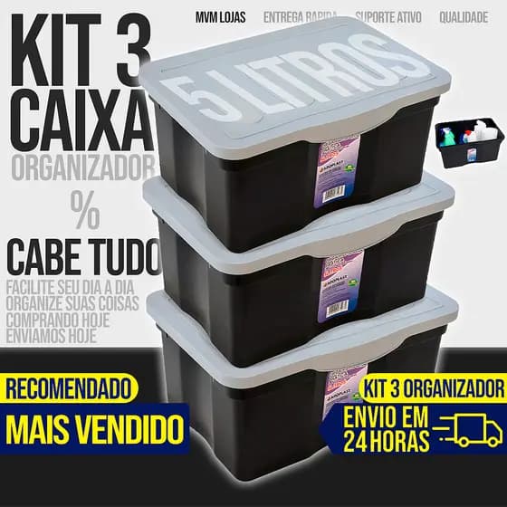 Kit 3 Caixas Cesto Organizador 5 Litros Grande Com Tampa Multiuso Armazenamento
