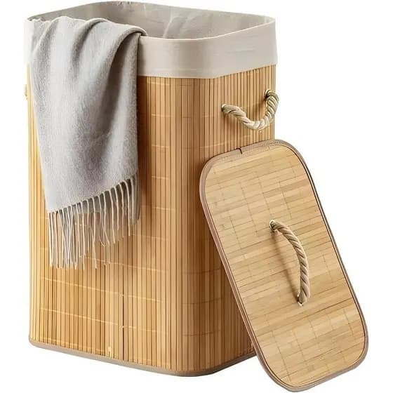 Cesto Bambu Dobravel Para Roupas Organizador 72 Litros Forrado Banheiro 60cm Grande Cesto Bambu