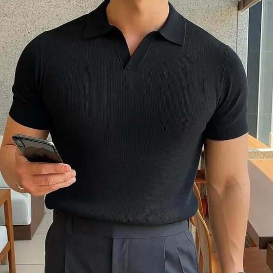 Camisa Gola Polo Texturizada Decote V - Camisa Slim - Malha canelada ELASTANO P ao G1