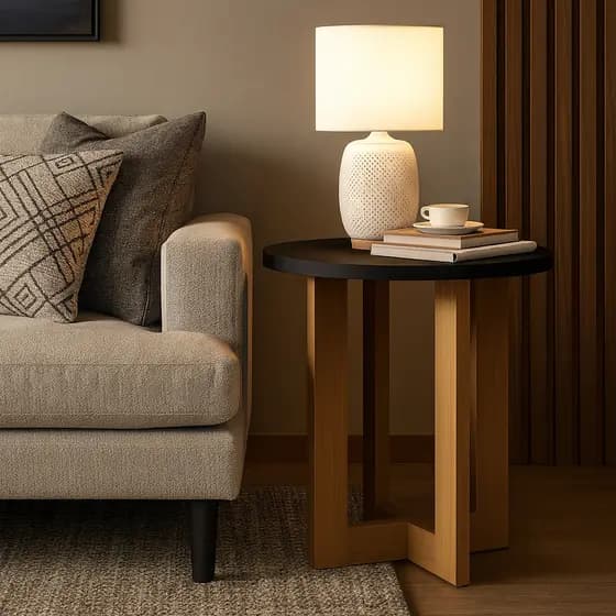 Mesa Lateral Redonda Apoio Canto Sofá com Pés de Madeira MDF Retro Porta Objetos Decoração