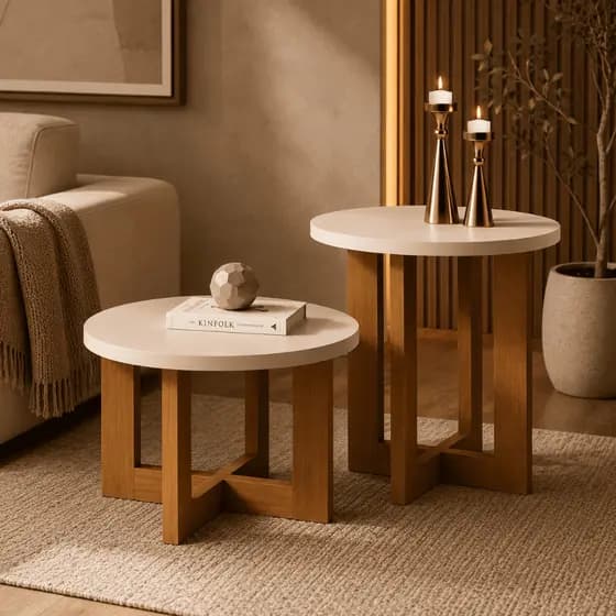 Conjunto com 1 Mesa Lateral e 1 Mesa De Centro Redonda Madeira Estilo Retrô Sala De Estar Decoração
