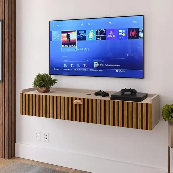 Rack Suspenso Ripado para TV Home 90cm Sala com Porta Basculante Suporte Parede Organizador de Fios