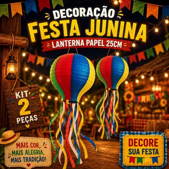 Kit 2 Balões Juninos de Papel 25cm Colorido Decoração Festa Junina