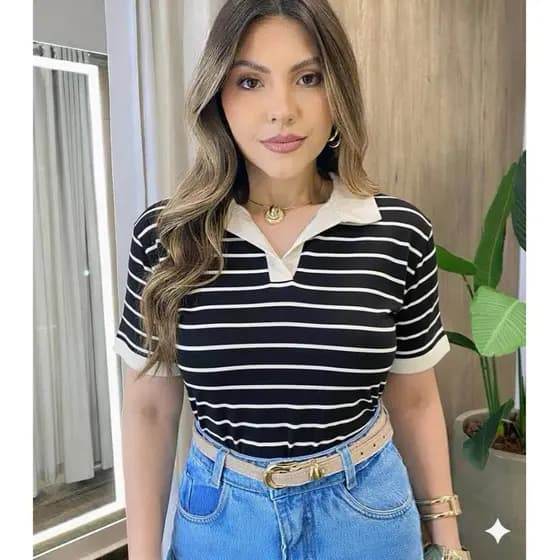 Camiseta blusa t shirt polo feminina listrada moda casual blogueira malha viscolycra confortavel dia a dia
