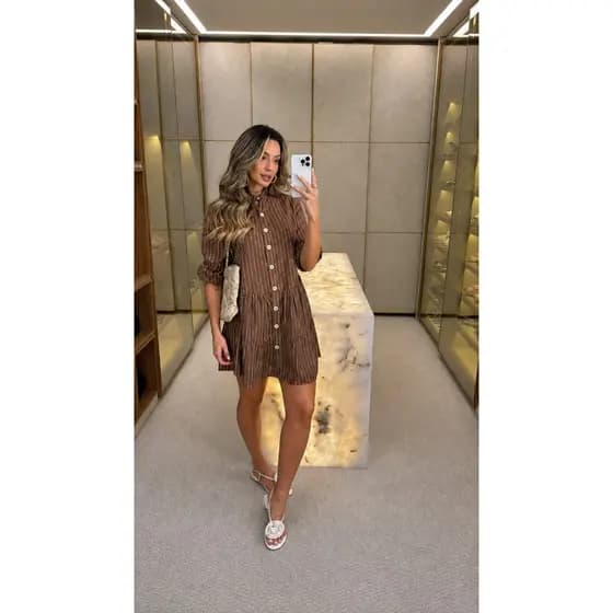 VESTIDO CHAMISE BATA LINHO SAIDA DE PRAIA TRES MARIAS BOTÃO GOLA PADRE FEMININO LISTRADO 013
