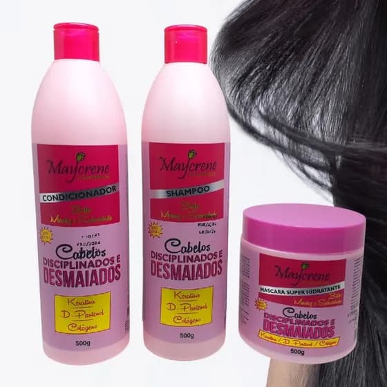 Kit Cabelos Desmaiados e Disciplinados 500g Maycrene Menos Volume Mais Liso para Cabelos Ressecados Shampoo, Condi e Más