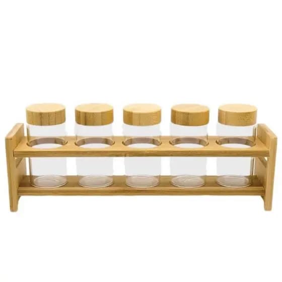 Conjunto Porta Temperos de Vidro 5pcs c/ Suporte de Bambu Wolff