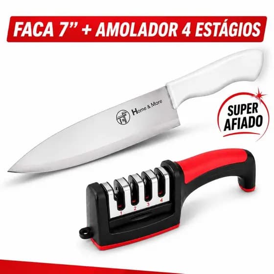 Kit Faca Cozinha + Amolador Profissional Inox Corte Preciso Alta Durabilidade.