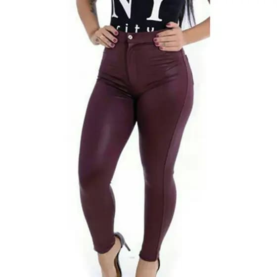 Calça de Cirre Disco Cintura alta com Bolso atras Couro Fake