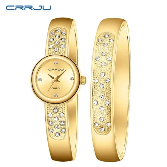Novo Relógio Feminino CRRJU Marca Original Dourado Luxo Aço Inoxidável Mostrador Pequeno Elegante E Quartzo Analógico À