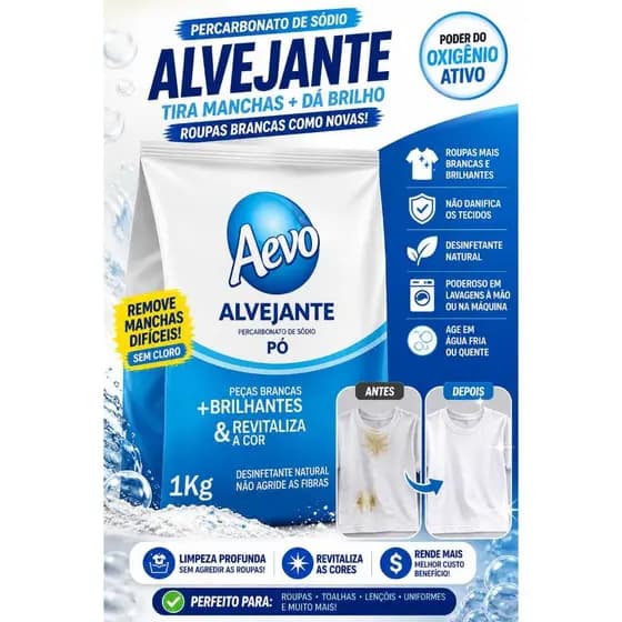Alvejante em Pó Tira Manchas Difíceis Percarbonato de Sódio Aevó 1Kg Branqueador sem Cloro