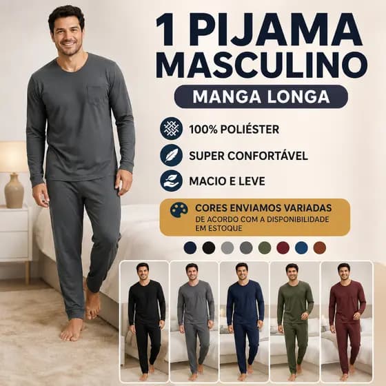 1 Conjunto de Pijama Masculino Adulto Manga Longa Calça em Malha Confortavel Inverno moda masculina