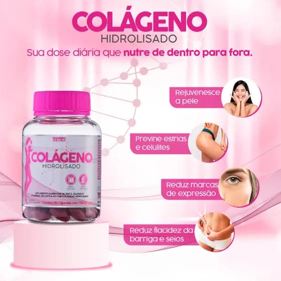 Tira Estrias Previne Rugas, Combate a Flacidez, Fortalece cabelo e unha, COLAGENO HIDROLISADO