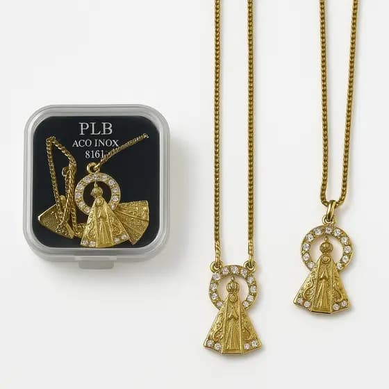 Escapulário religioso católico Nossa Senhora Aparecida em aço Inox Dourado Resplendor - SKU-106