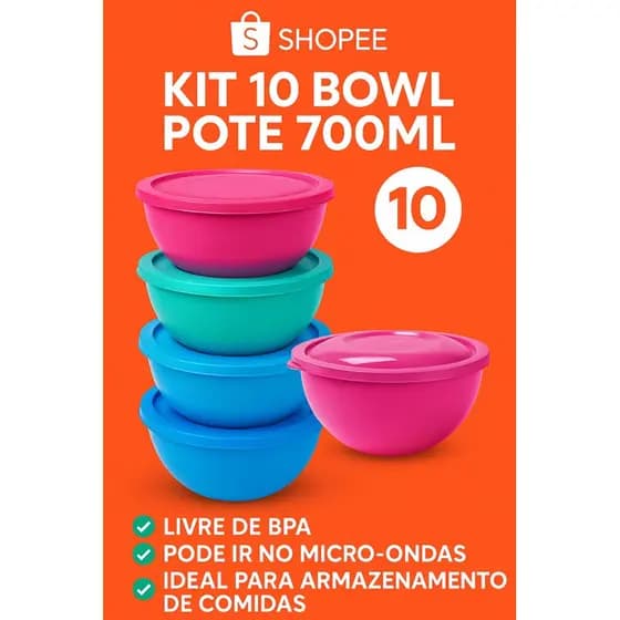 Kit 10 Potes Hermético Redondo 700ml Ball Bowl Empilhável Coloridos Alta Resistencia Organizador