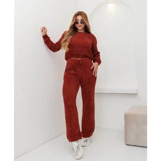 Conjunto Feminino Tricot Suéter Mousse Blusa e Calça Confortável Inverno 3RD SD3015