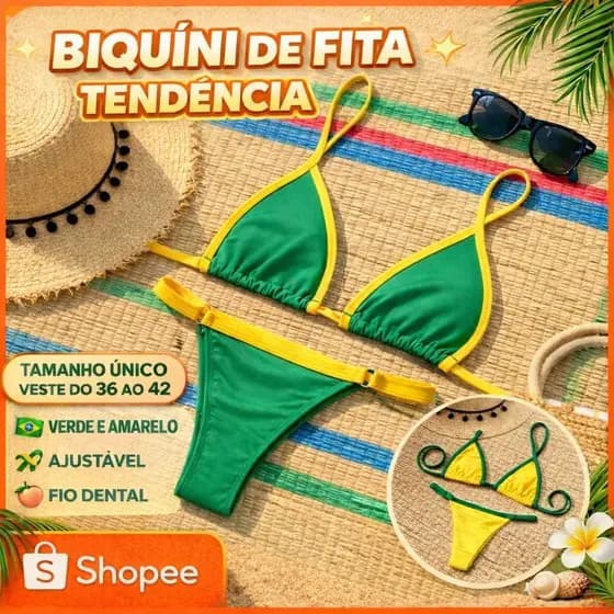 Biquíni de Fita Verde e Amarelo Ajustável | Conjunto Cortininha | Moda Praia Verão Tendência |