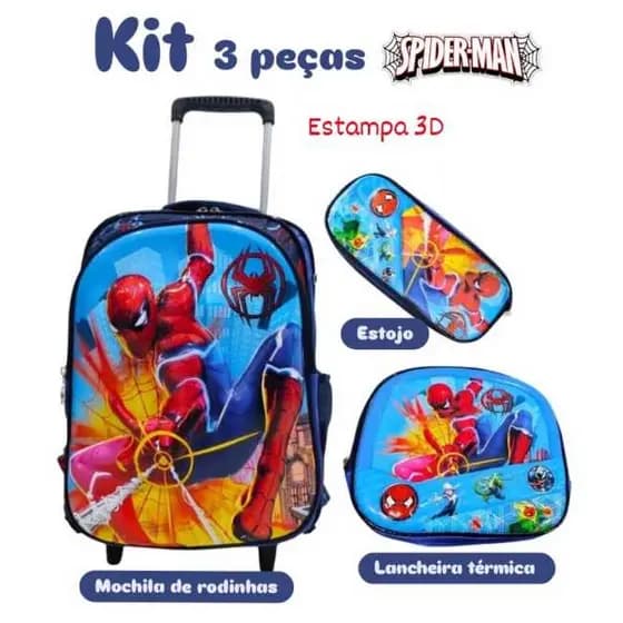 Kit Escolar Infantil 3D Mochila de Rodinhas+Lancheira+Estojo | Personagens infantis modernos |Menino