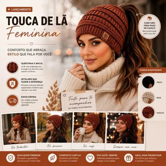 Touca Gorro De Lã Com Furo Para Rabo Cavalo Feminina Quentinha Inverno Frio Estilo