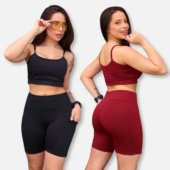 Conjunto Feminino Fitness Top Bojo Removível e Shorts com Bolso
