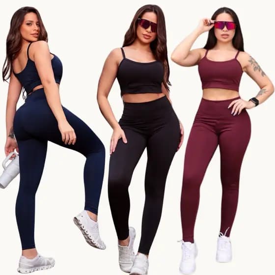 Conjunto Fitness Calça Legging Top com Bojo Feminino Zero Transparência Academia Costura Reforçada Cós Alto