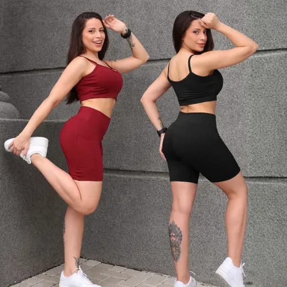 KIT 2 Conjuntos Top Fitness e Short Com Bolso Feminino Academia