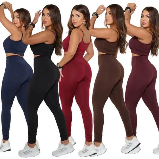 Kit 2 Conjuntos Top com Bojo e Calça Legging Cintura Alta Feminina de Academia Suplex